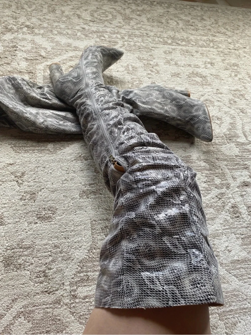 Over-the-Knee Snake-Print Slouch Boots in Gray